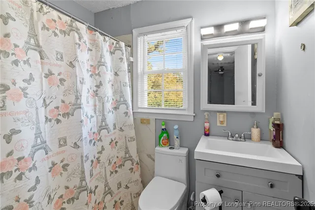 a bathroom with a sink a toilet and shower curtain