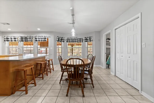 a view of a dining room with furniture window and outside view