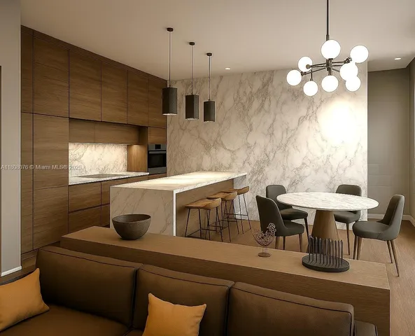 a kitchen with a sink and chandelier