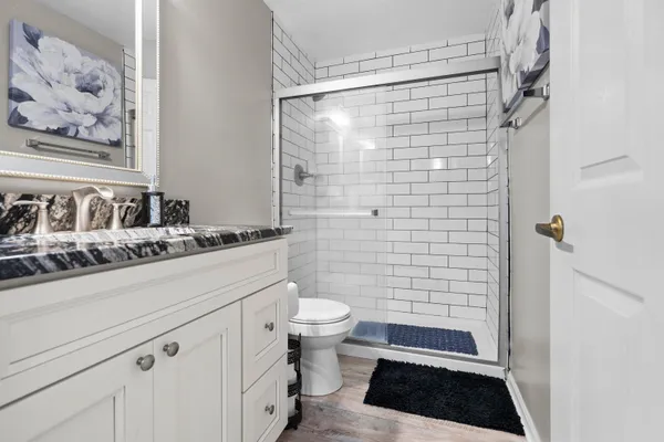 a bathroom with a sink a toilet a shower and a mirror