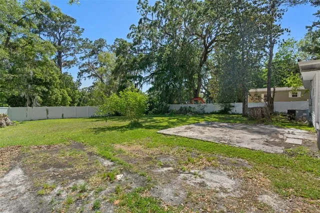 a view of a backyard with large trees