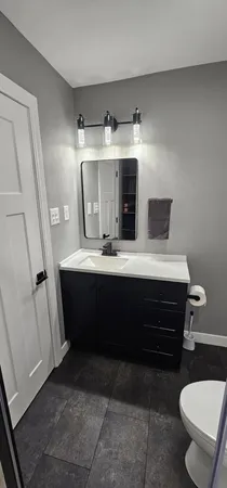 a bathroom with a sink a toilet and a mirror