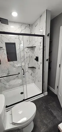 a bathroom with a toilet and a shower