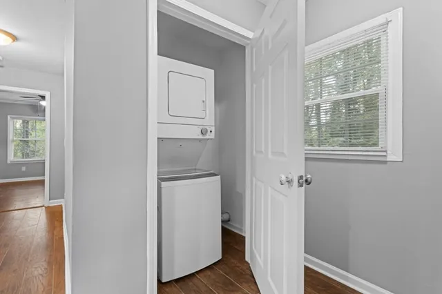 a view of a room that has a window in it