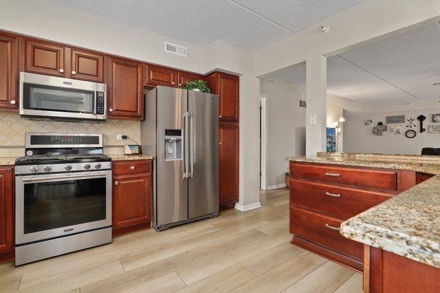 225 Main Street, Unit 214 Roselle, IL 60172 - Photo 9 of 27 a kitchen with stainless steel appliances granite countertop a refrigerator stove and sink
