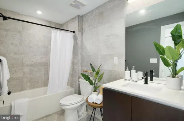 a bathroom with a sink a toilet a potted plant and a shower