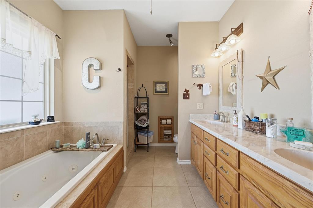 346 Forreston Road Waxahachie, TX 75165 - Photo 10 of 36 a bathroom with a granite countertop tub sink and mirror