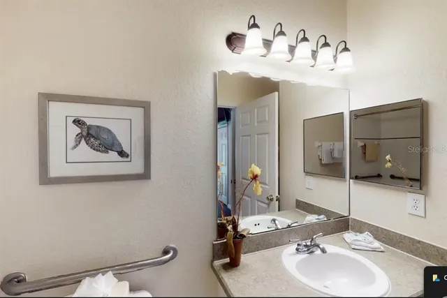 a bathroom with a sink and a mirror