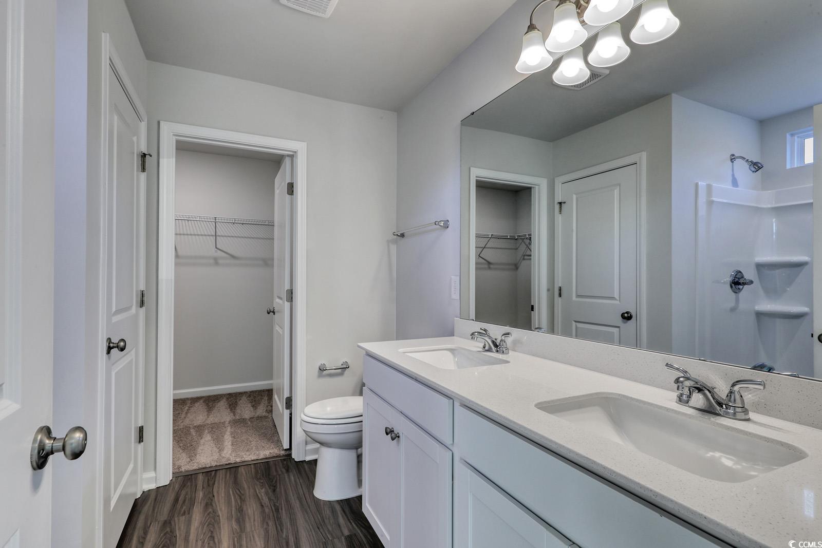 1121 Hainer Place Drive Conway, SC 29526 - Photo 14 of 28 Full bath featuring a walk in closet, double vanity, dark wood-style flooring, a shower, and a chandelier