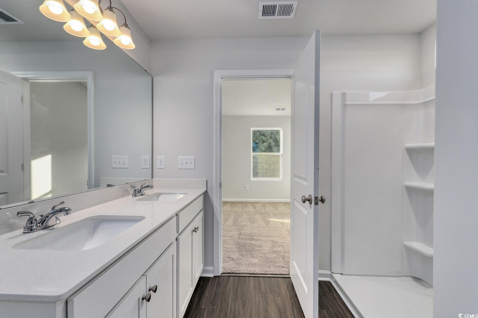 1121 Hainer Place Drive Conway, SC 29526 - Photo 15 of 28 Bathroom with double vanity, a chandelier, dark wood-style flooring, and a shower