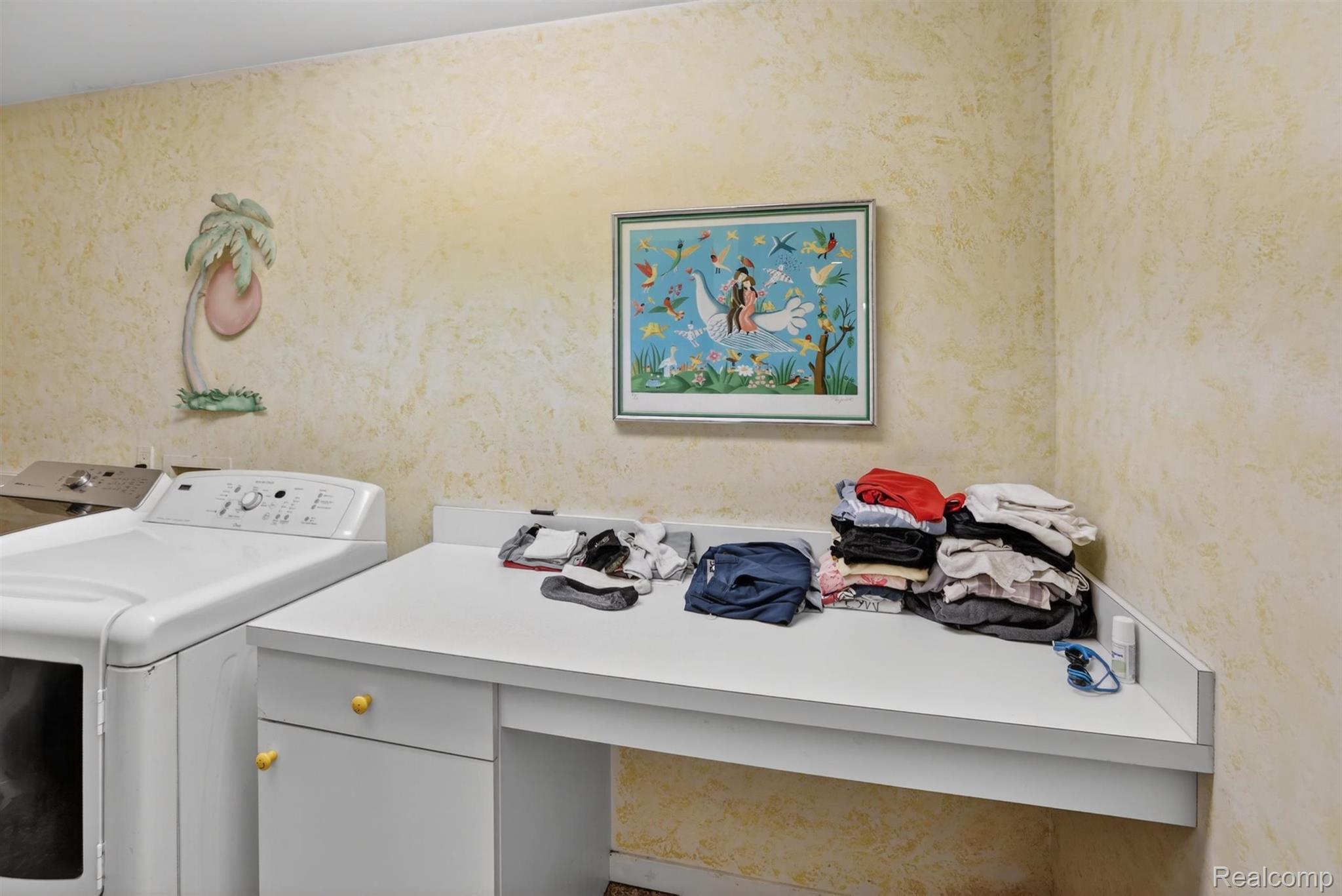 2197 South State Road Davison, MI 48423 - Photo 58 of 72 Dedicated laundry area featuring a white built-in countertop with an integrated drawer and cabinet, contrasting with textured, light-toned walls