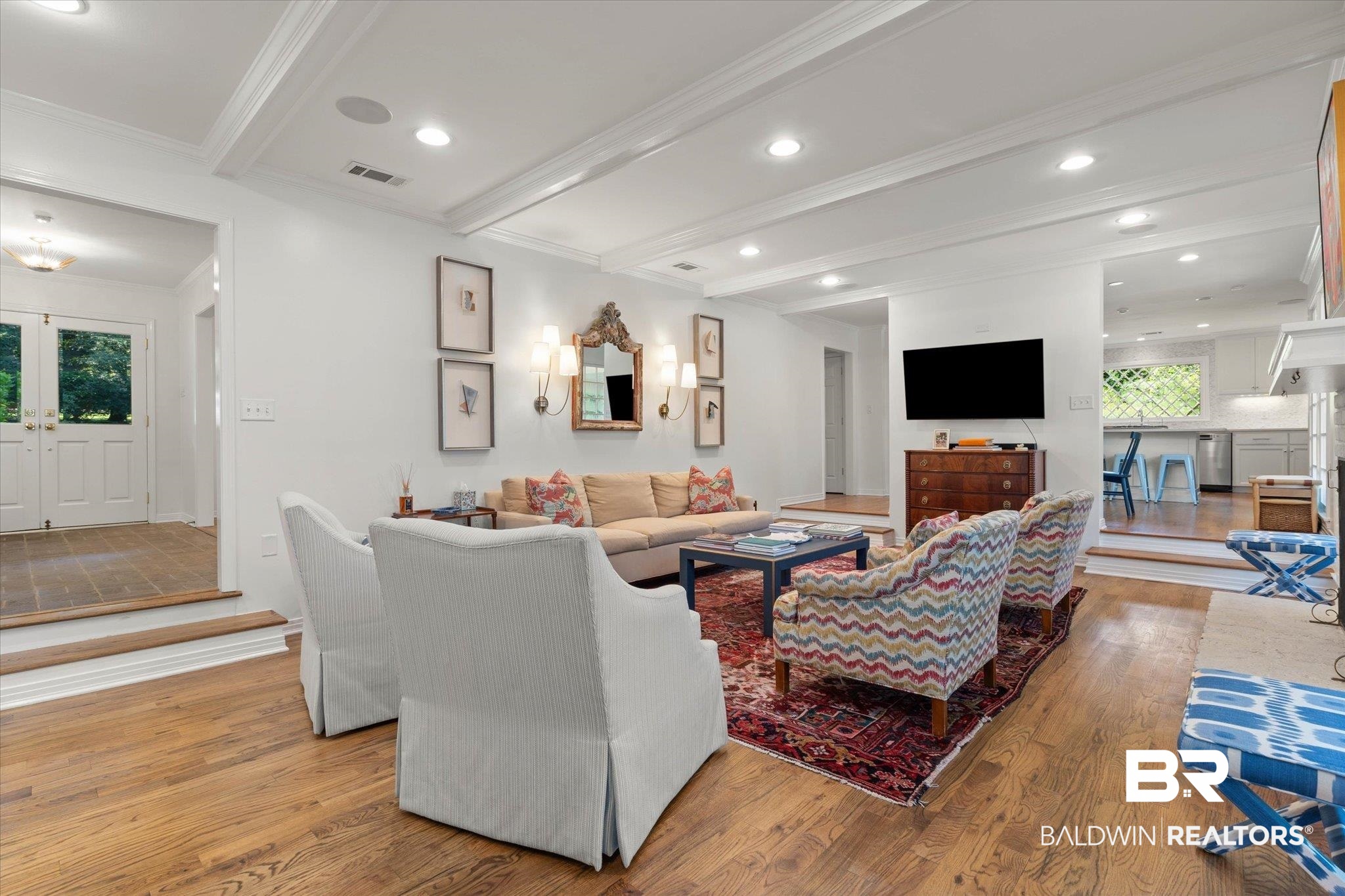 3612 Linden Lane Mobile, AL 36608 - Photo 5 of 42 Living area featuring beamed ceiling, crown molding, light wood-type flooring, and recessed lighting