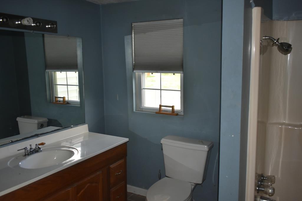 14436 Indian Springs Road Buffalo Valley, TN 38548 - Photo 4 of 24 a bathroom with a granite countertop toilet a sink and a mirror