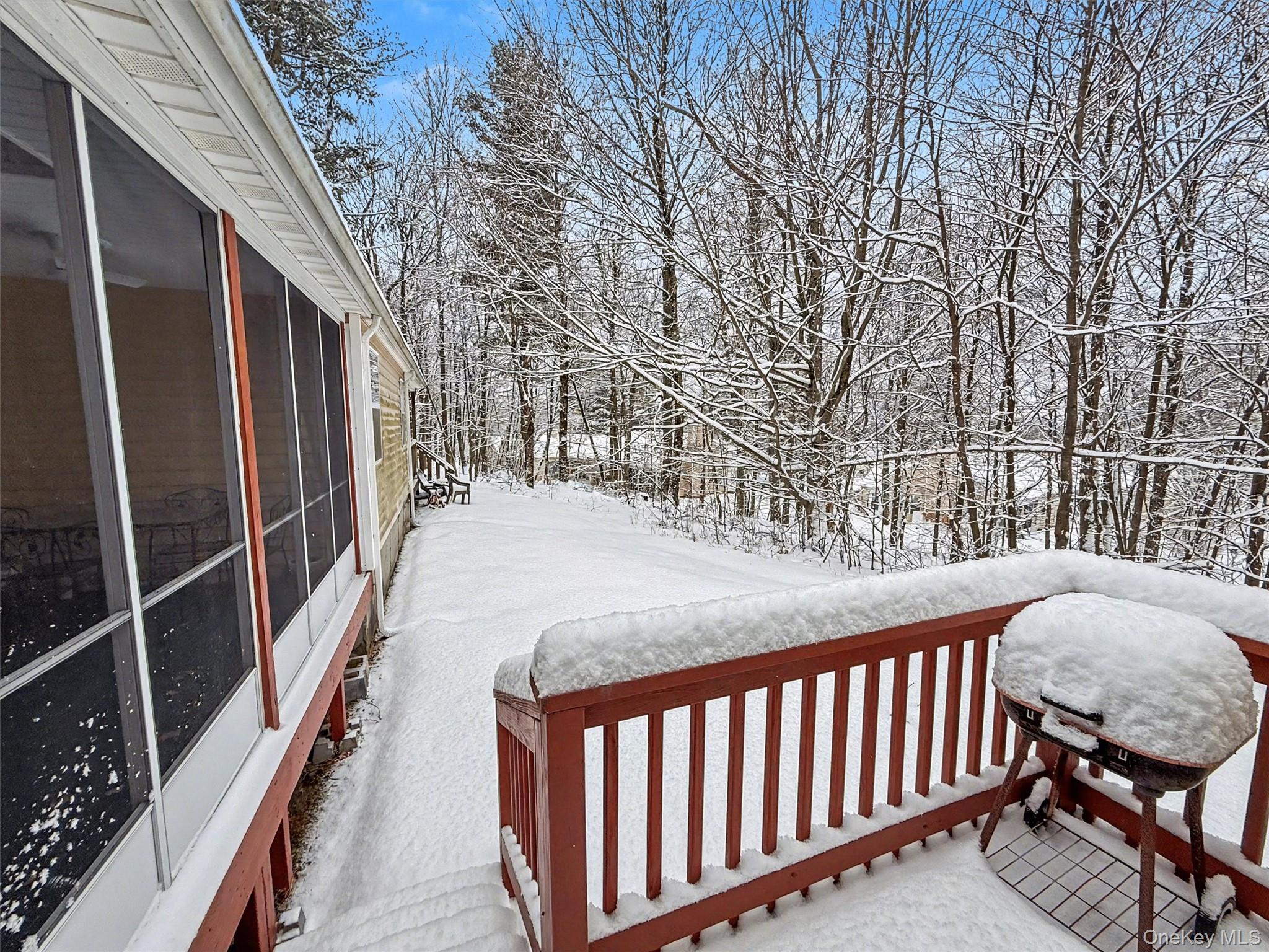 51 Hidden Ridge Drive Monticello, NY 12701 - Photo 19 of 31 Bedroom deck overlooking the peaceful, snowy backyard; added privacy when the trees bloom.