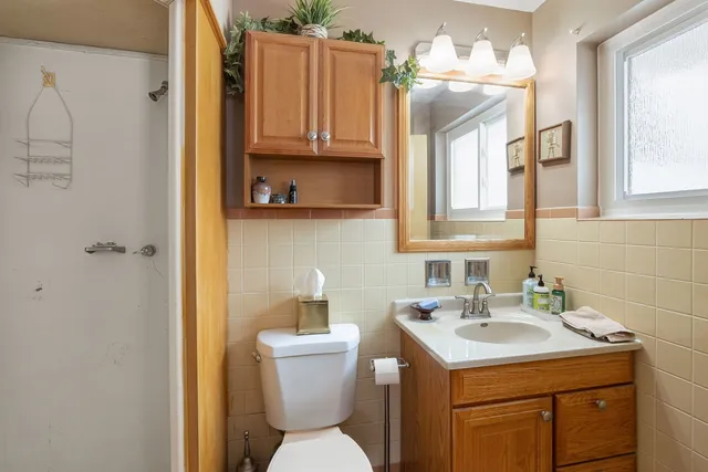 a bathroom with a sink toilet and mirror
