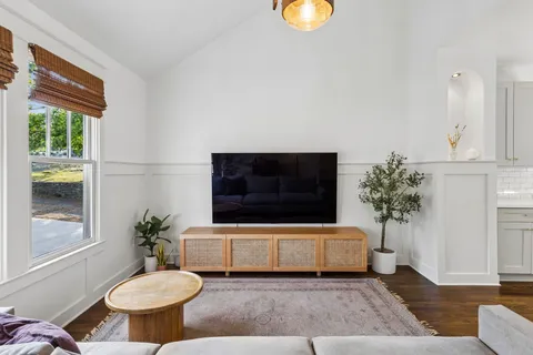 a living room with furniture and a potted plant