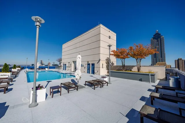 a building outdoor space with patio furniture