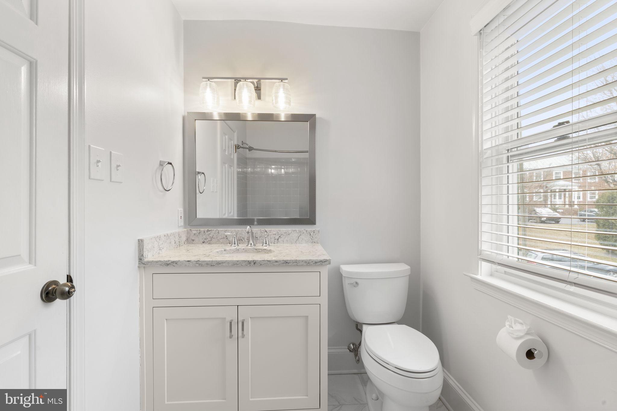115 Roumfort Road, Unit 26 Philadelphia, PA 19119 - Photo 28 of 33 a bathroom with a granite countertop toilet a sink and a mirror