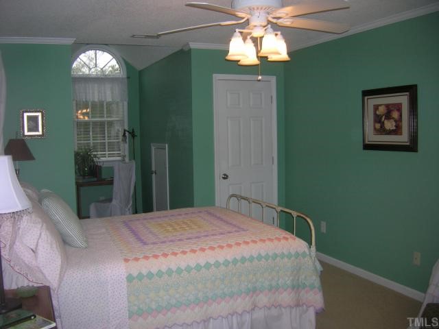 640 Lanes Mill Road Bennett, NC 27208 - Photo 8 of 12 a bedroom with a bed and a chandelier