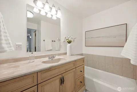 a bathroom with a sink a large mirror and a bathtub with a potted plant