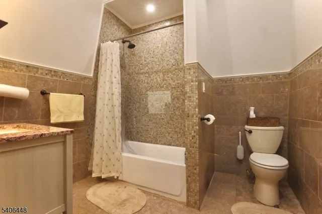 a white toilet sitting next to a bath tub