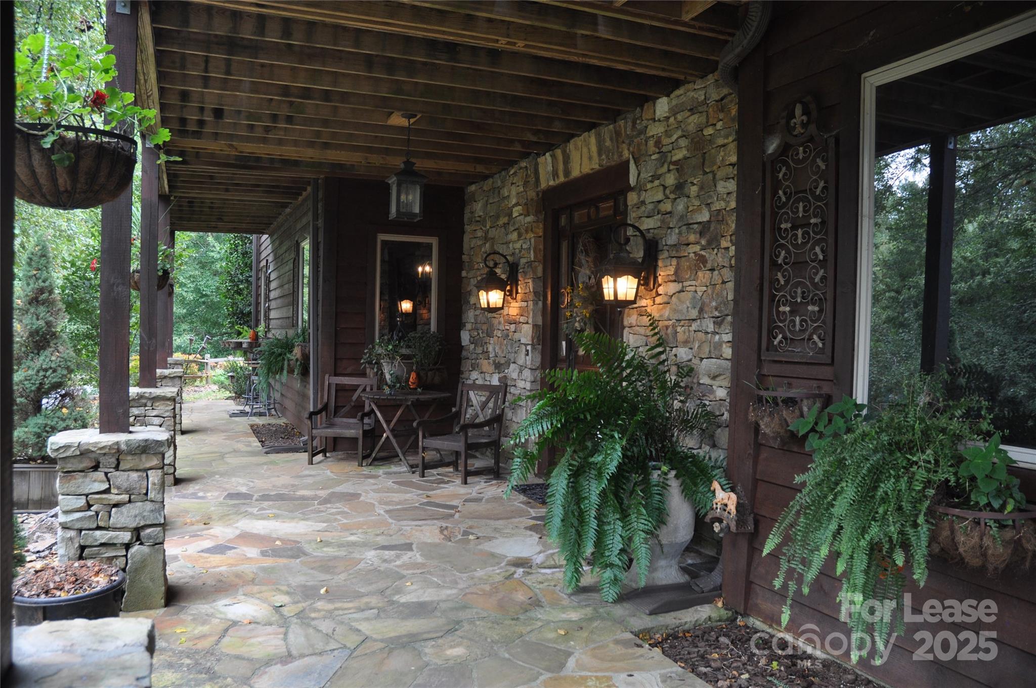 a room with lots of potted plants and a large tree