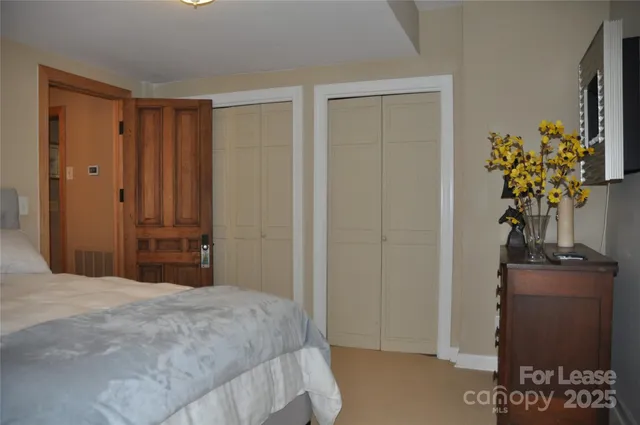 a bedroom with a bed and a potted plant