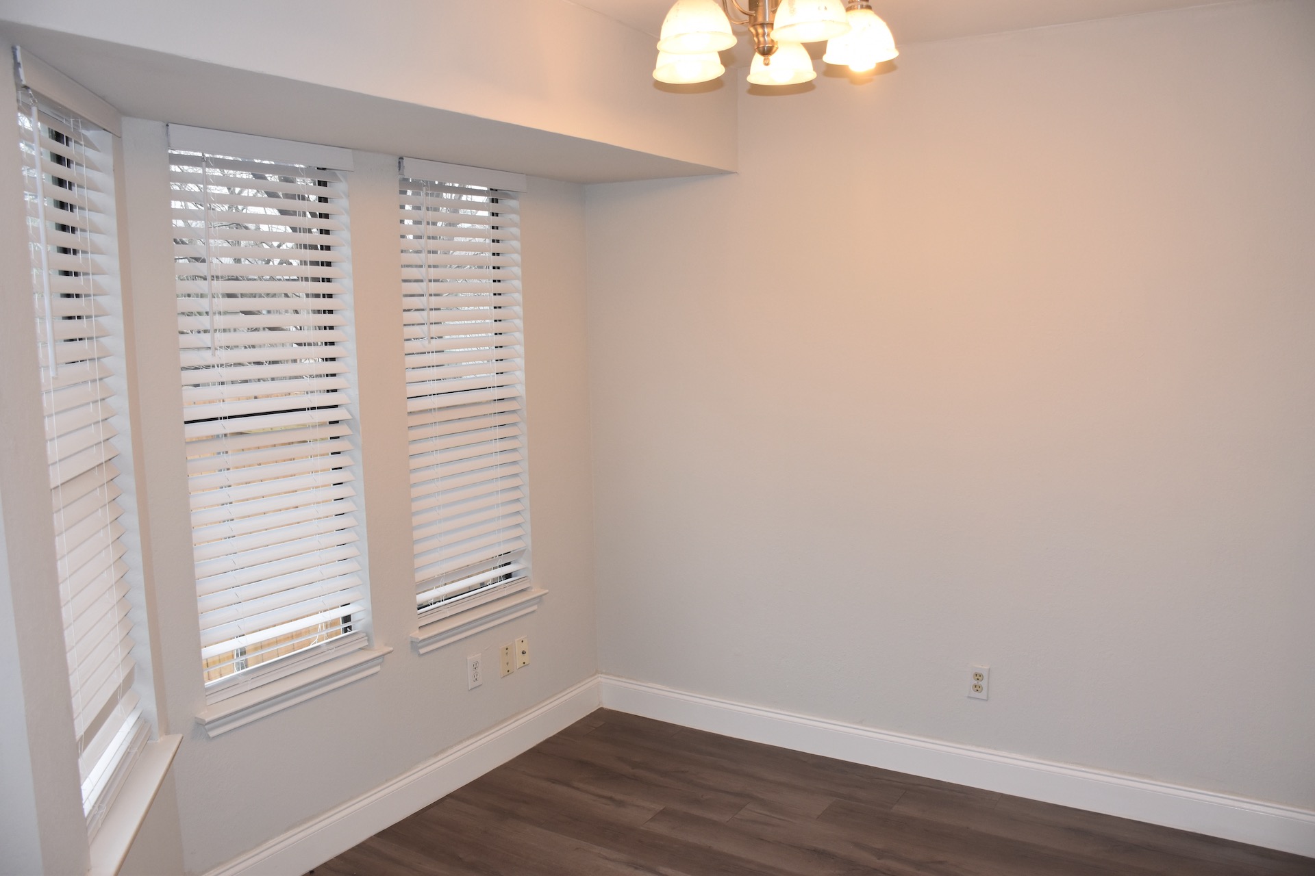 1810 Rawhide Loop Round Rock, TX 78681 - Photo 11 of 29 Recessed bay windows with white horizontal blinds, wood-finish flooring, and a five-light chandelier