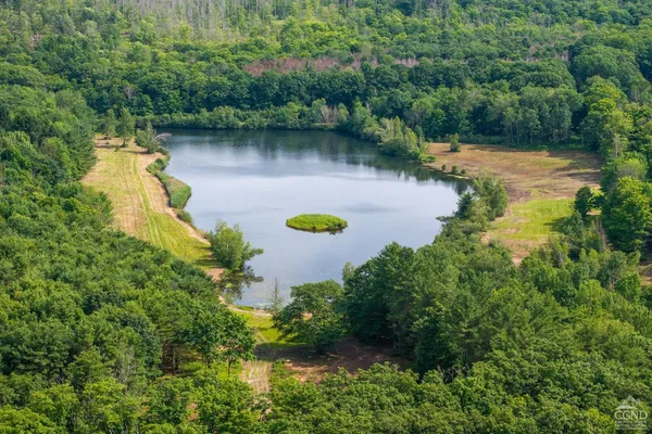 an aerial view of a house with a yard and lake view