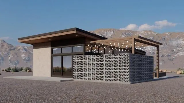 a view of a brick house with windows