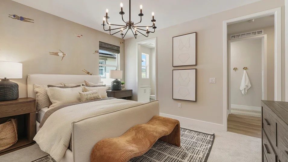 24328 Calle La Roca Valencia, CA 91354 - Photo 19 of 41 a bed room with a bed window and a chandelier