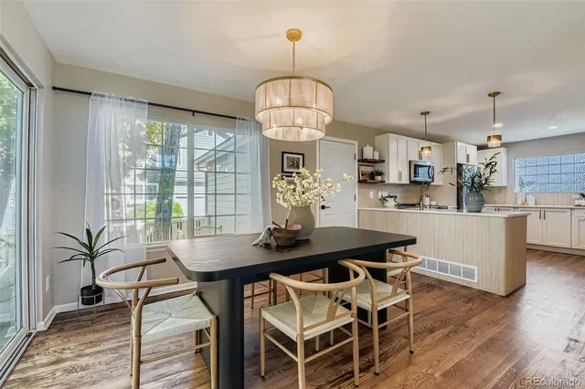 a view of a dining room with furniture window and wooden floor