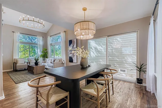 a view of a dining room with furniture window and wooden floor