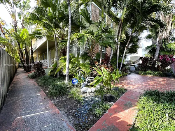 a view of a pathway with a flower plants
