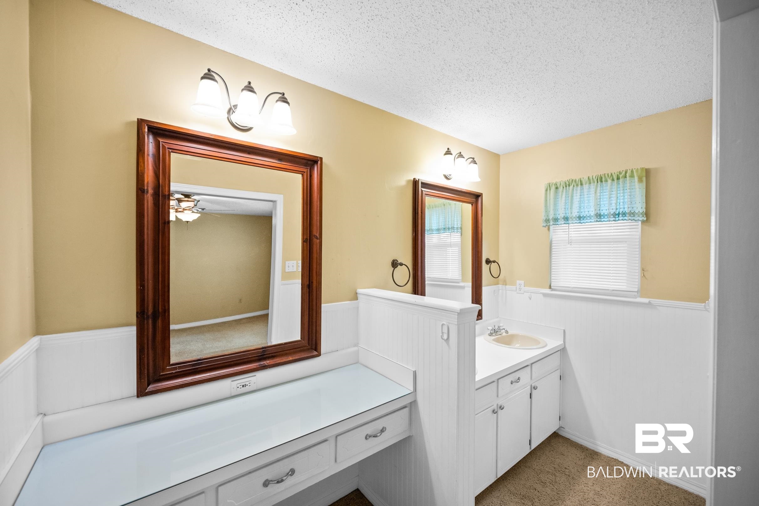 123 Dunbar Loop Daphne, AL 36526 - Photo 17 of 33 Bathroom with a wainscoted wall, vanity, a textured ceiling, and dark carpet