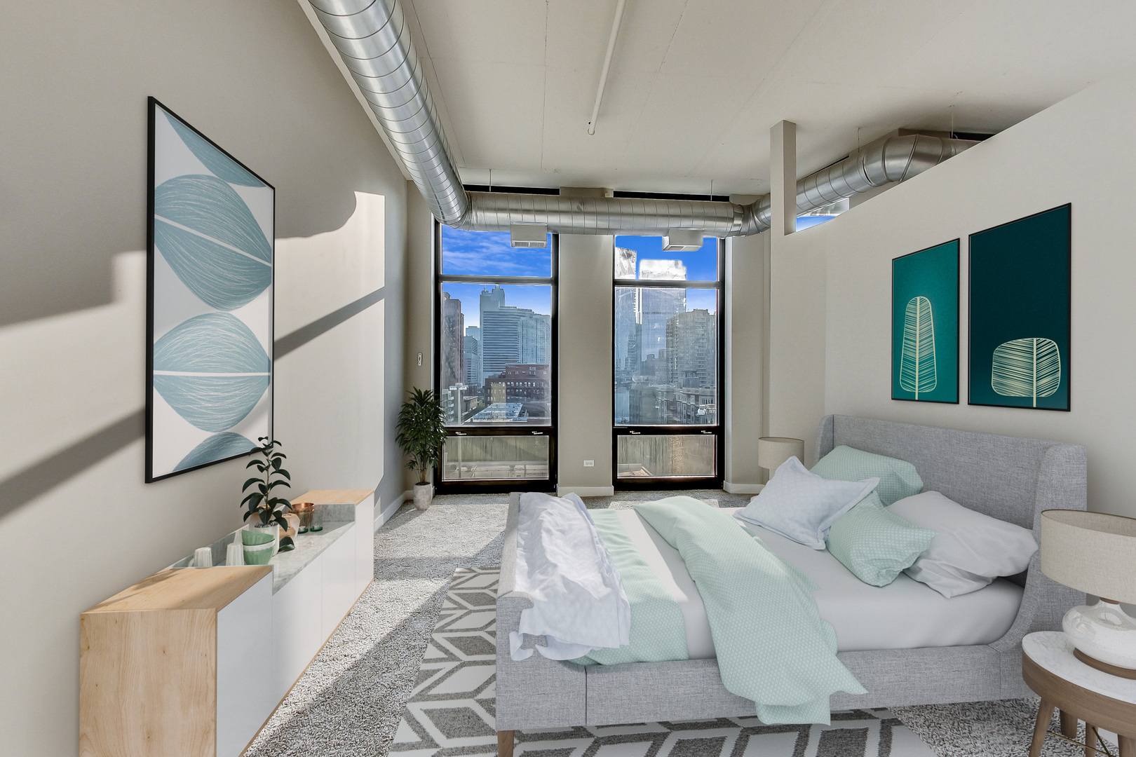 740 West Fulton Street, Unit 905 Chicago, IL 60661 - Photo 12 of 23 a spacious bedroom with a large bed and a large window