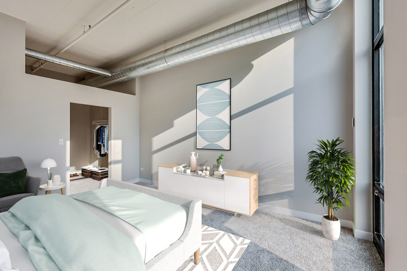 740 West Fulton Street, Unit 905 Chicago, IL 60661 - Photo 13 of 23 a bedroom with a large bed and a potted plant on the dresser