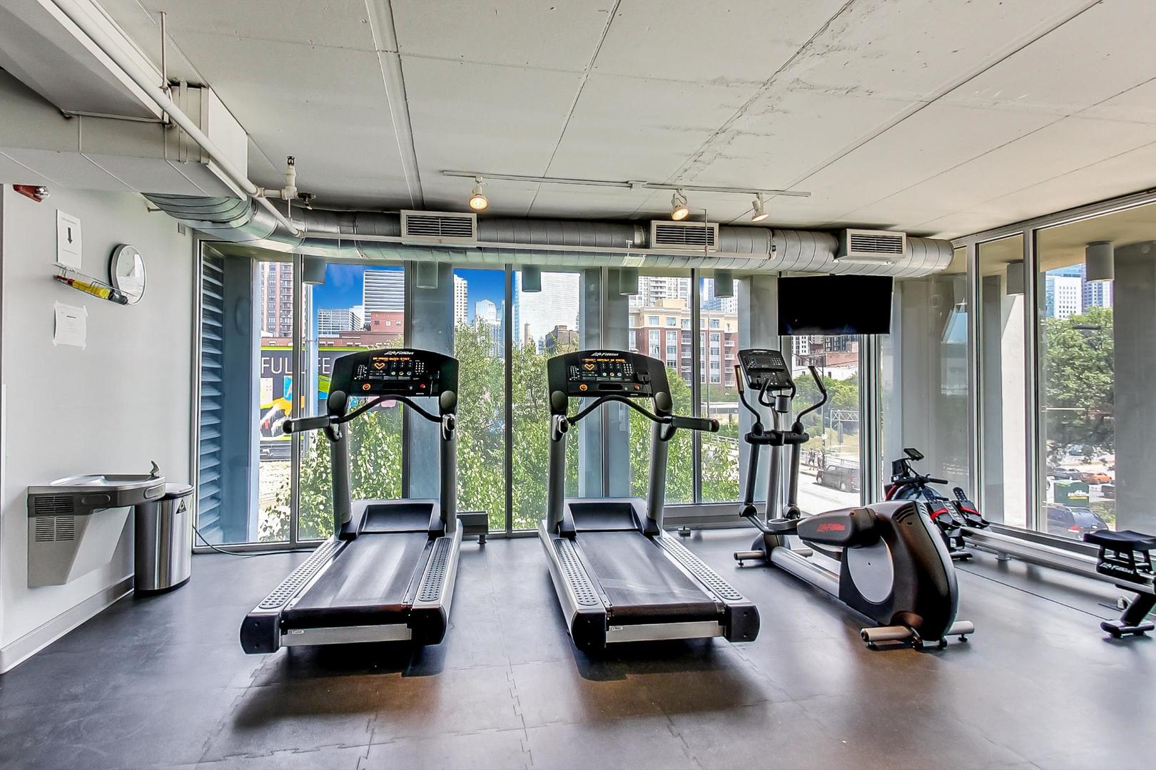 740 West Fulton Street, Unit 905 Chicago, IL 60661 - Photo 19 of 23 a gym room with gym equipment and a large window