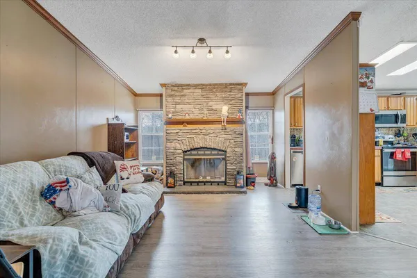 a living room with furniture a fireplace and a large window