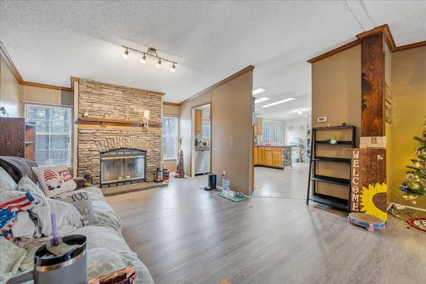 a view of a livingroom with furniture and a fireplace