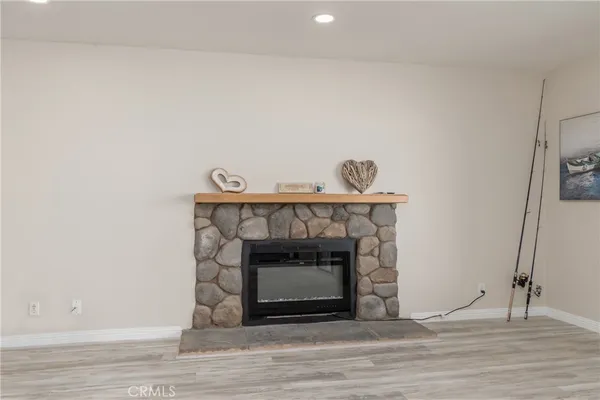 a living room with a fireplace
