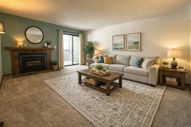 a living room with furniture a fireplace and window