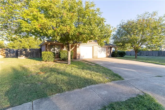 a view of a yard with plants and trees