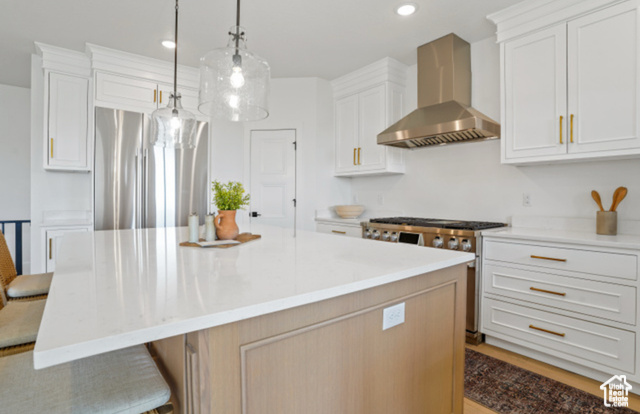599 North Heritage Street, Unit 6 Mapleton, UT 84664 - Photo 10 of 37 Kitchen featuring white cabinets, stainless steel appliances, wall chimney exhaust hood, and a spacious island