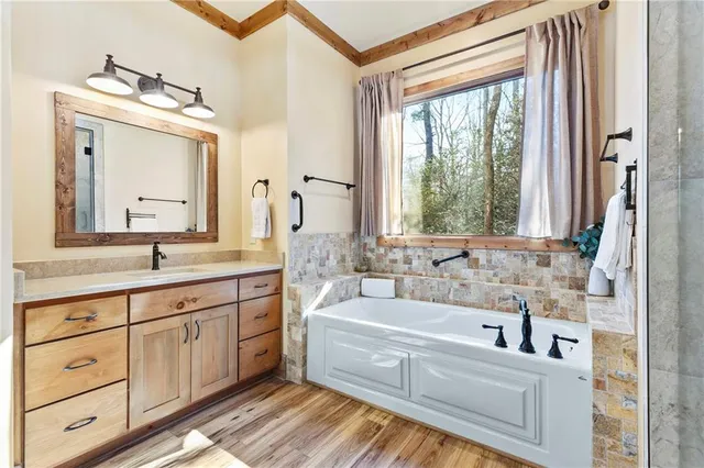a bathroom with a bathtub and a shower