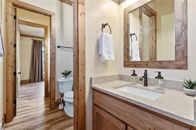 a bathroom with a sink vanity mirror and toilet