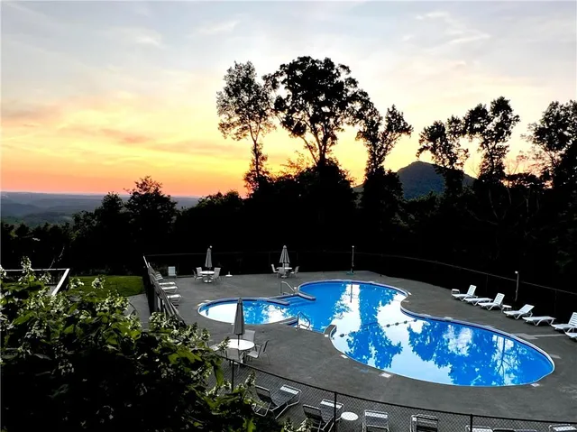 a view of a swimming pool with a lake view