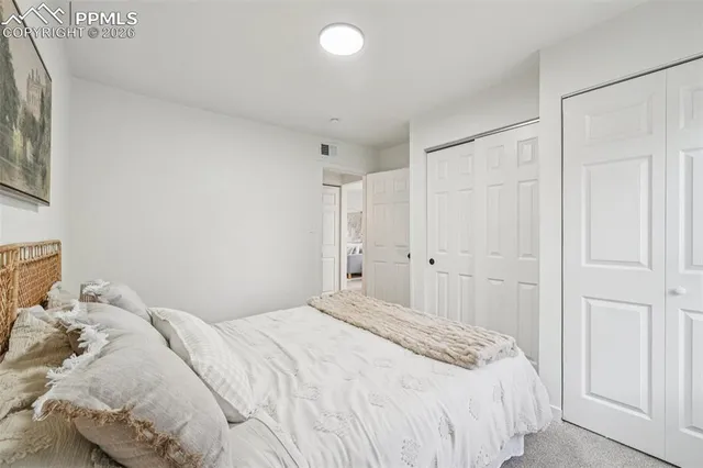a bedroom with a bed and a shower
