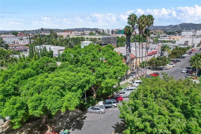 a view of a garden with a building in the background