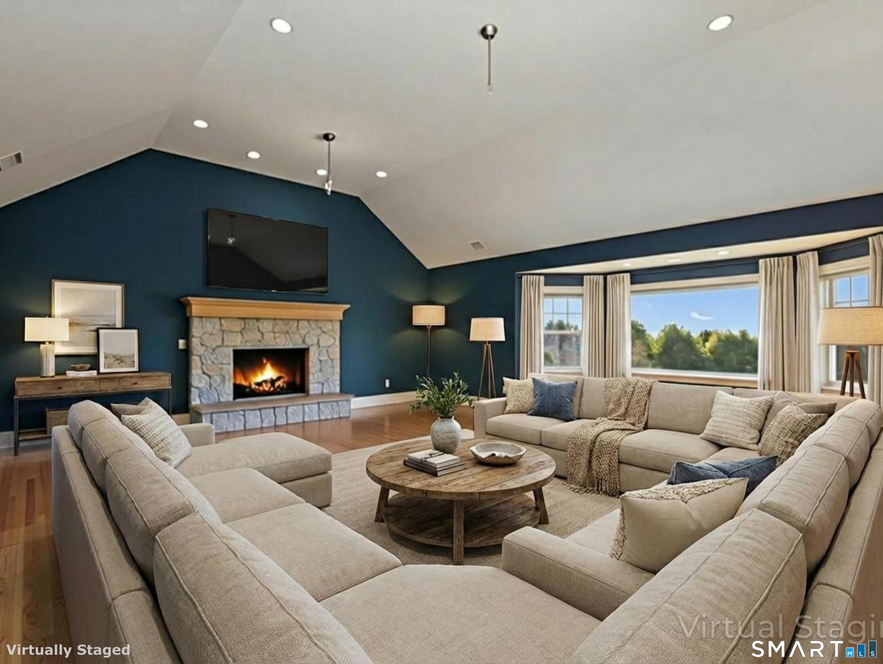 7 Long Meadow Lane Redding, CT 06896 - Photo 20 of 38 a living room with furniture fireplace and a large window